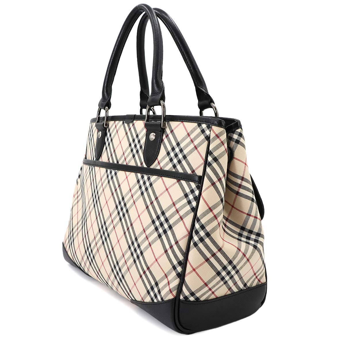 Plaid Hand Bag Canvas Leather Beige Black Purse