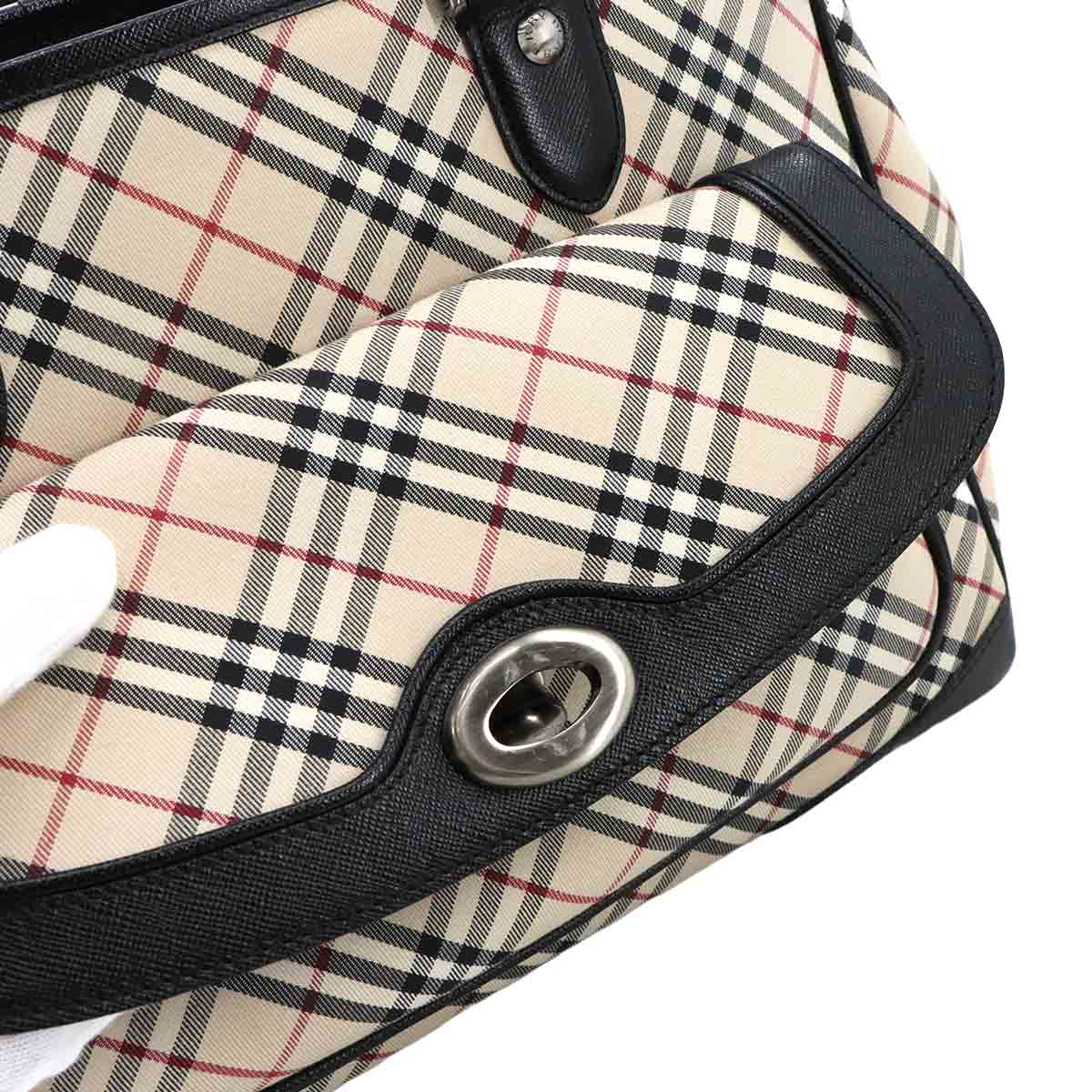 Plaid Hand Bag Canvas Leather Beige Black Purse