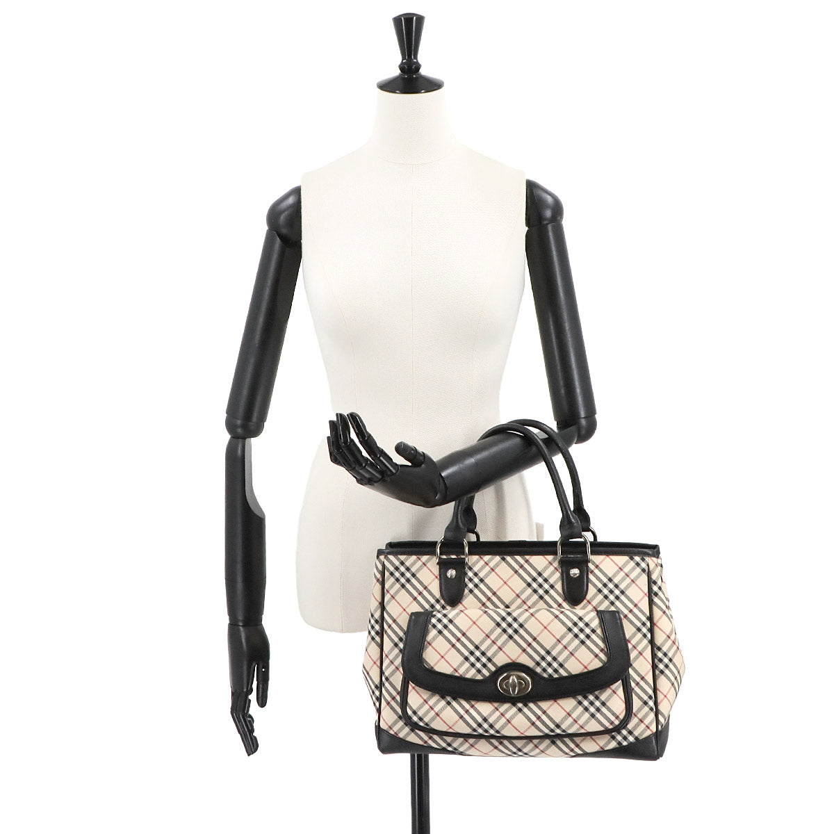 Plaid Hand Bag Canvas Leather Beige Black Purse