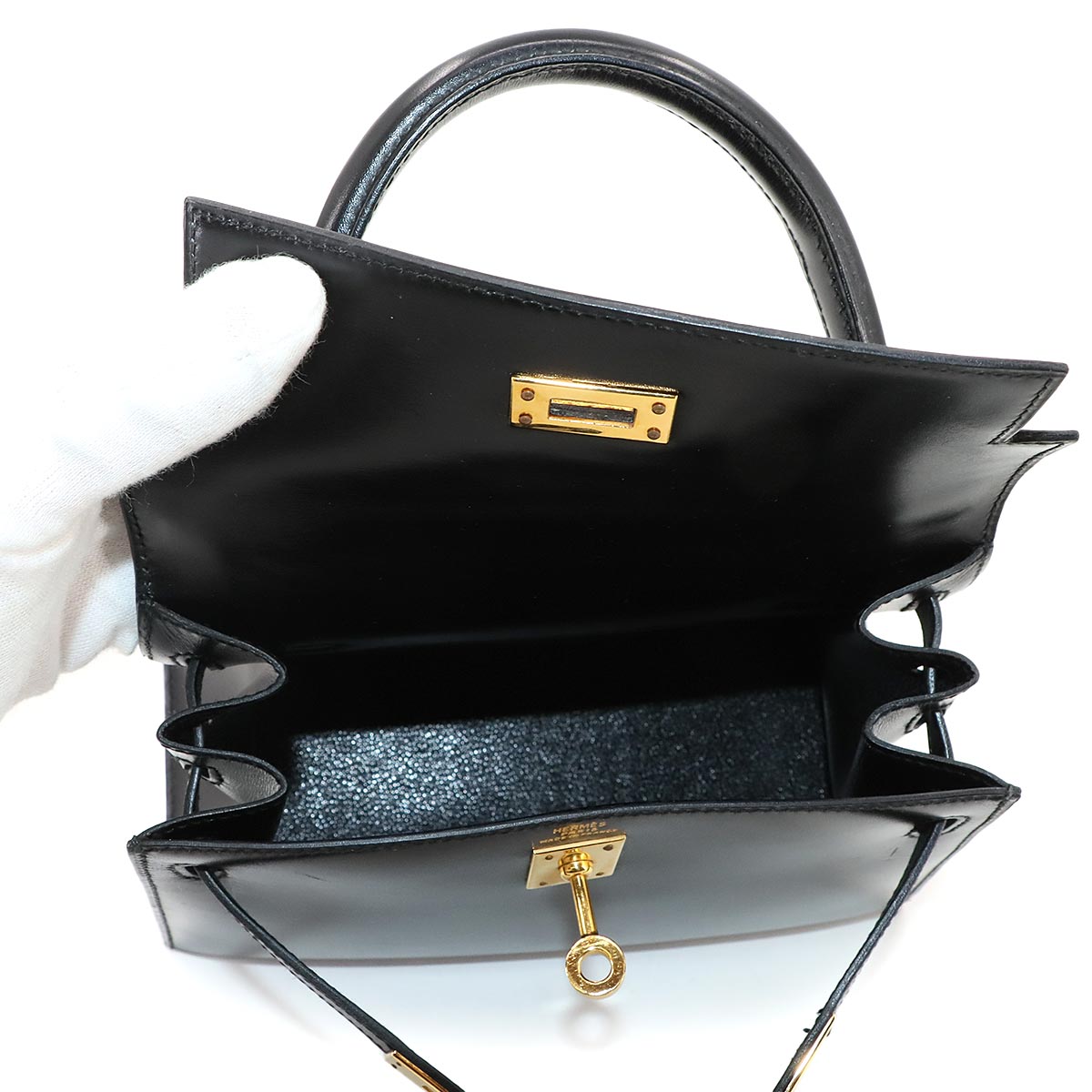 Mini Kelly 20 Hand Shoulder Bag Box Calf Leather Black Purse