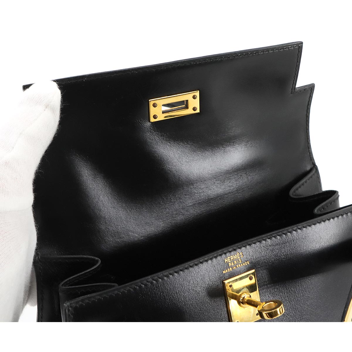 Mini Kelly 20 Hand Shoulder Bag Box Calf Leather Black Purse