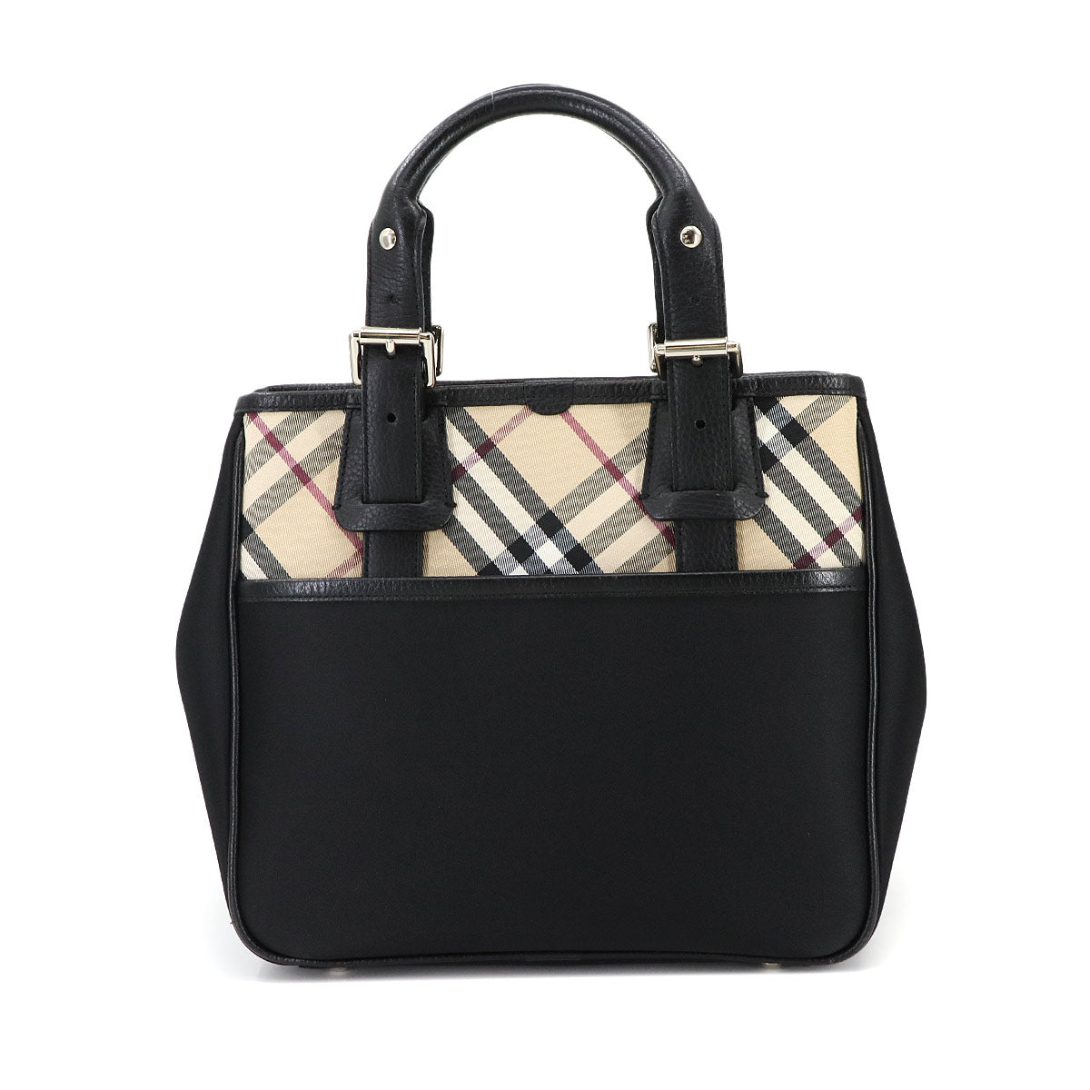 Plaid Hand Bag Canvas Leather Black Beige Purse