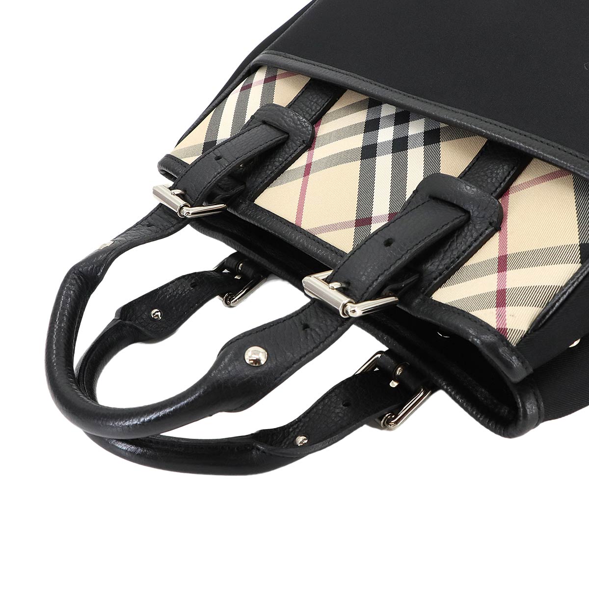 Plaid Hand Bag Canvas Leather Black Beige Purse