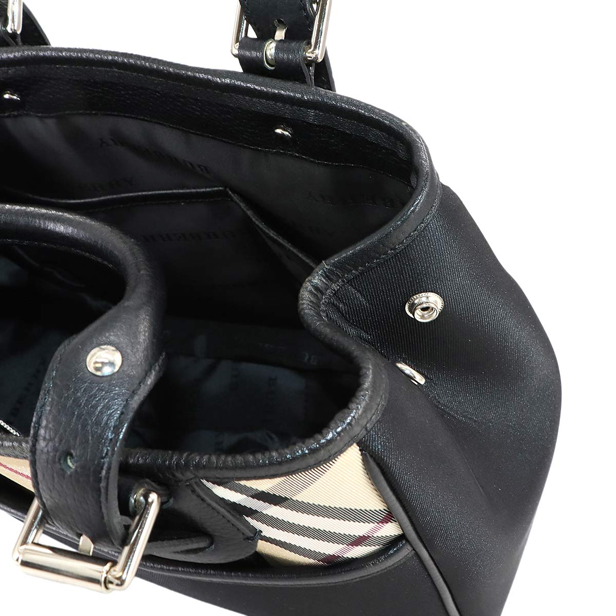 Plaid Hand Bag Canvas Leather Black Beige Purse