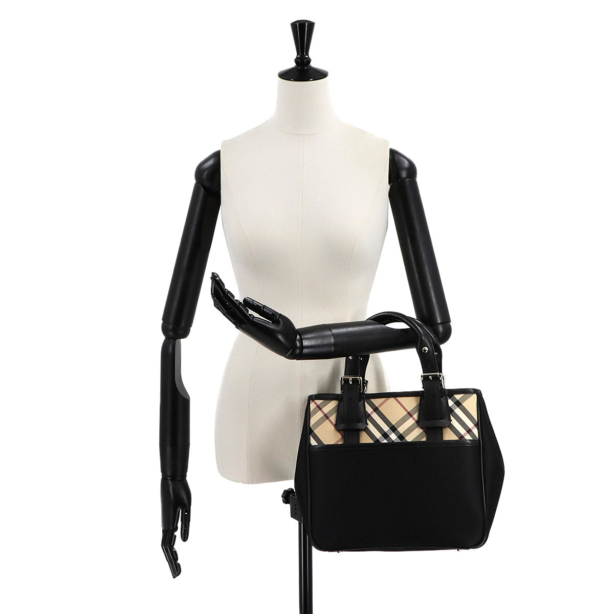 Plaid Hand Bag Canvas Leather Black Beige Purse