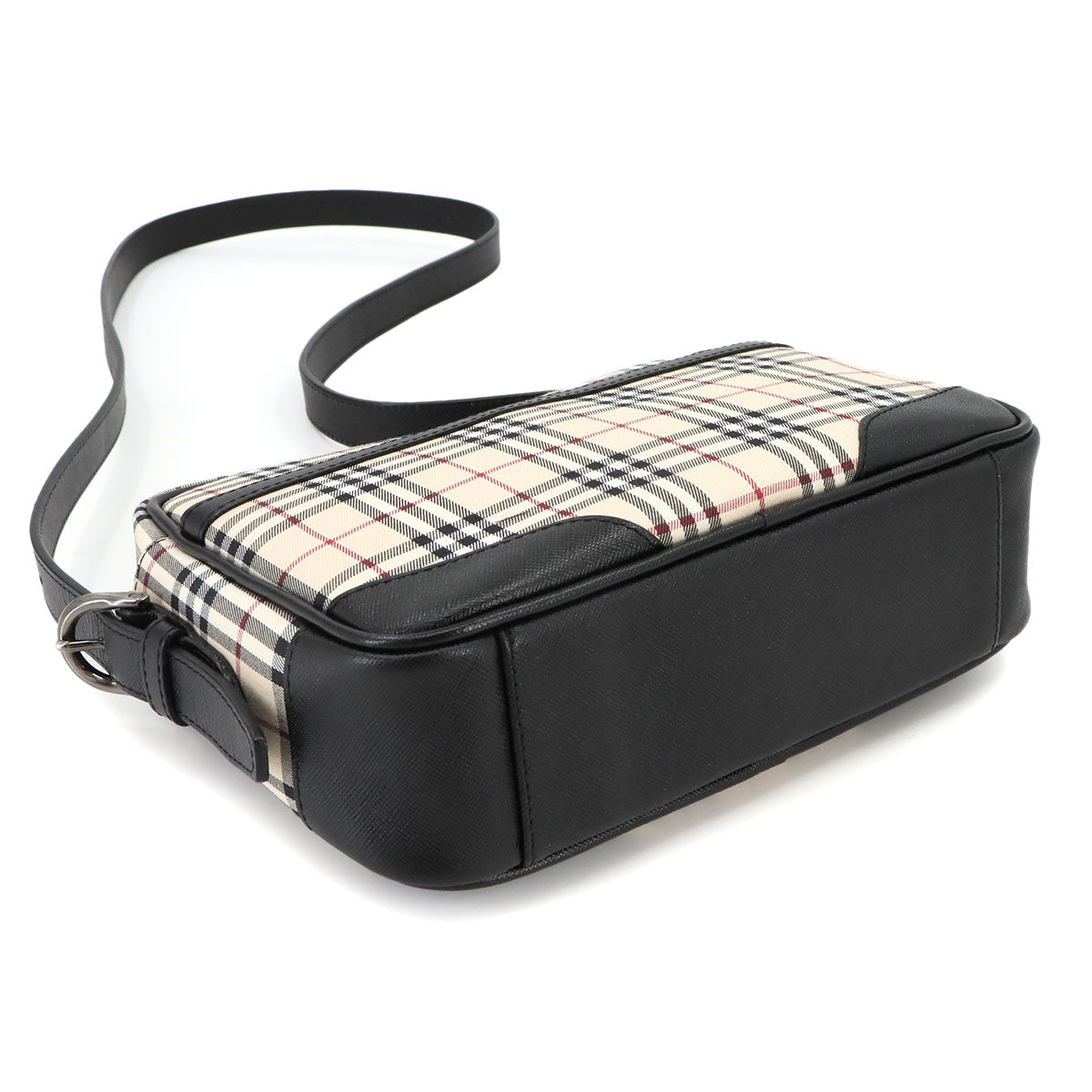 Plaid Shoulder Bag Canvas Leather Beige Black Purse