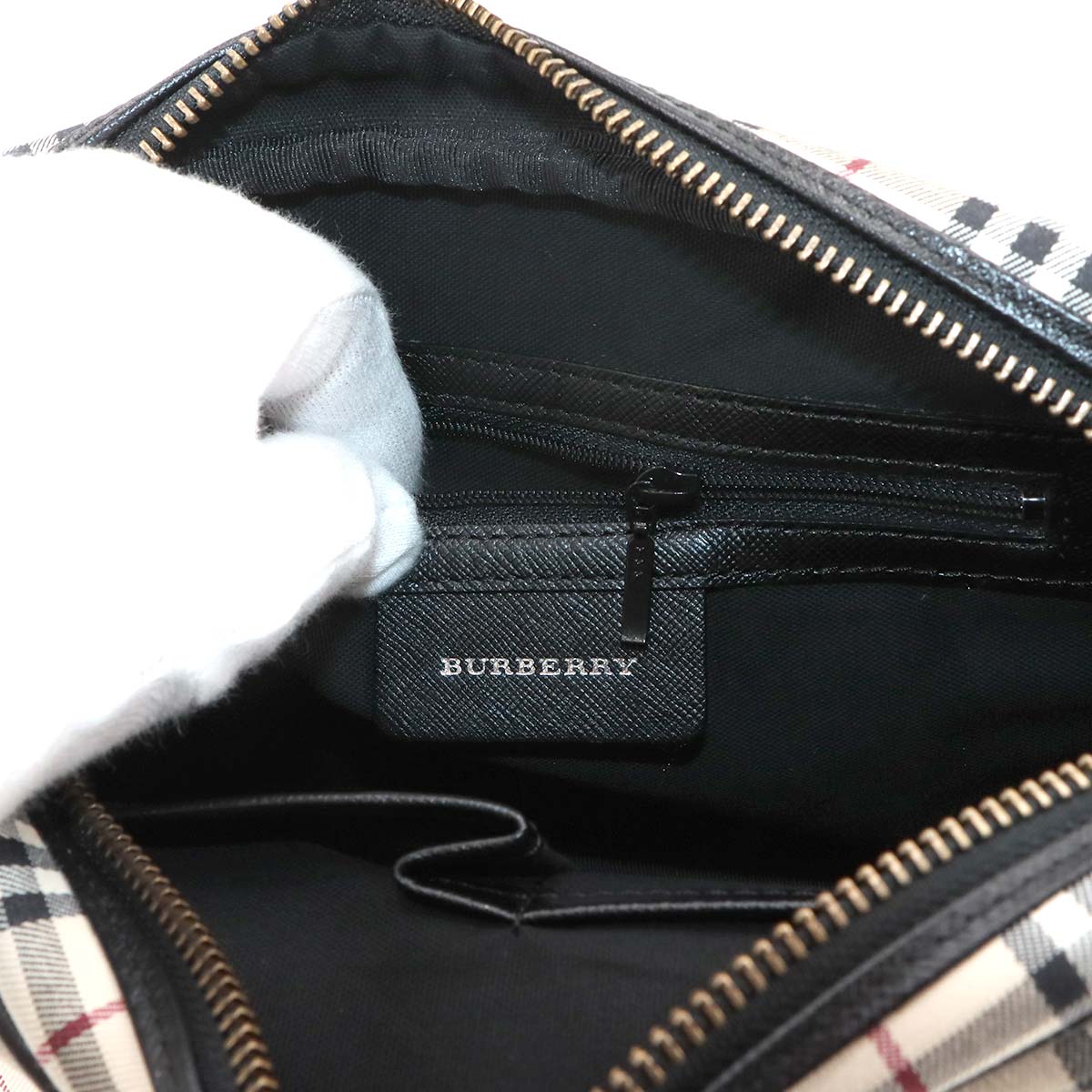 Plaid Shoulder Bag Canvas Leather Beige Black Purse