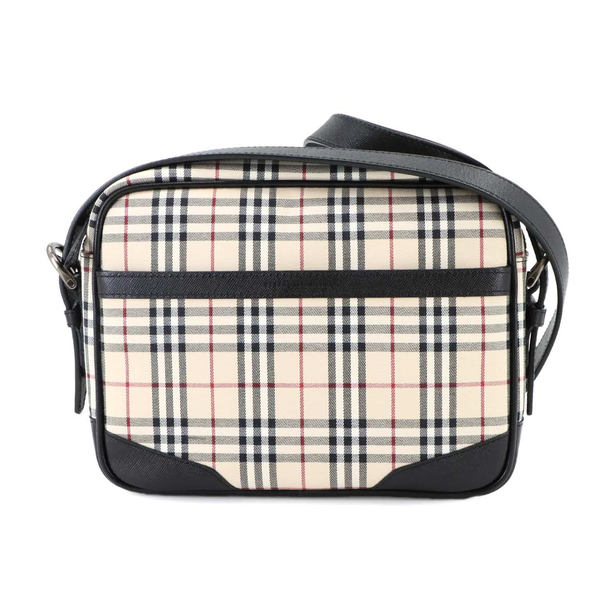 Plaid Shoulder Bag Canvas Leather Beige Black Purse