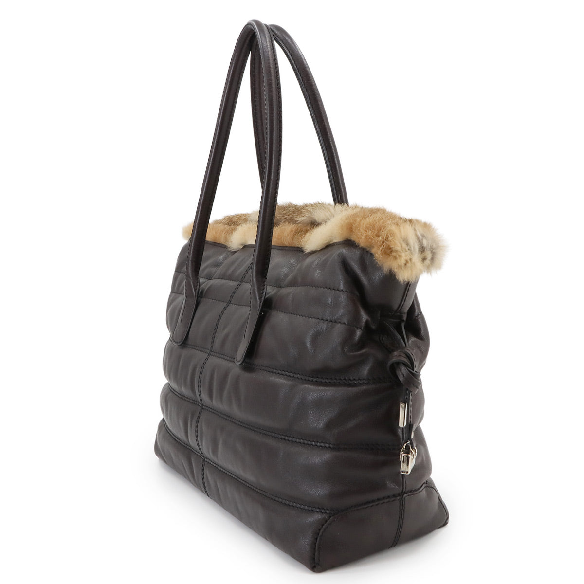 Fur Tote Bag Leather Brown Purse