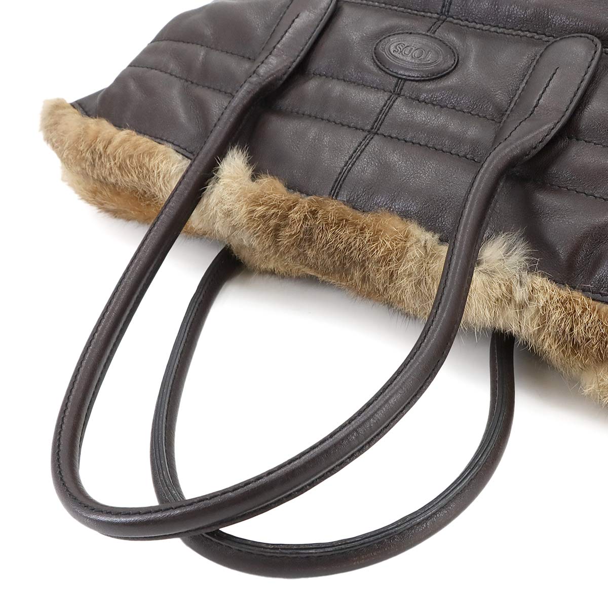 Fur Tote Bag Leather Brown Purse