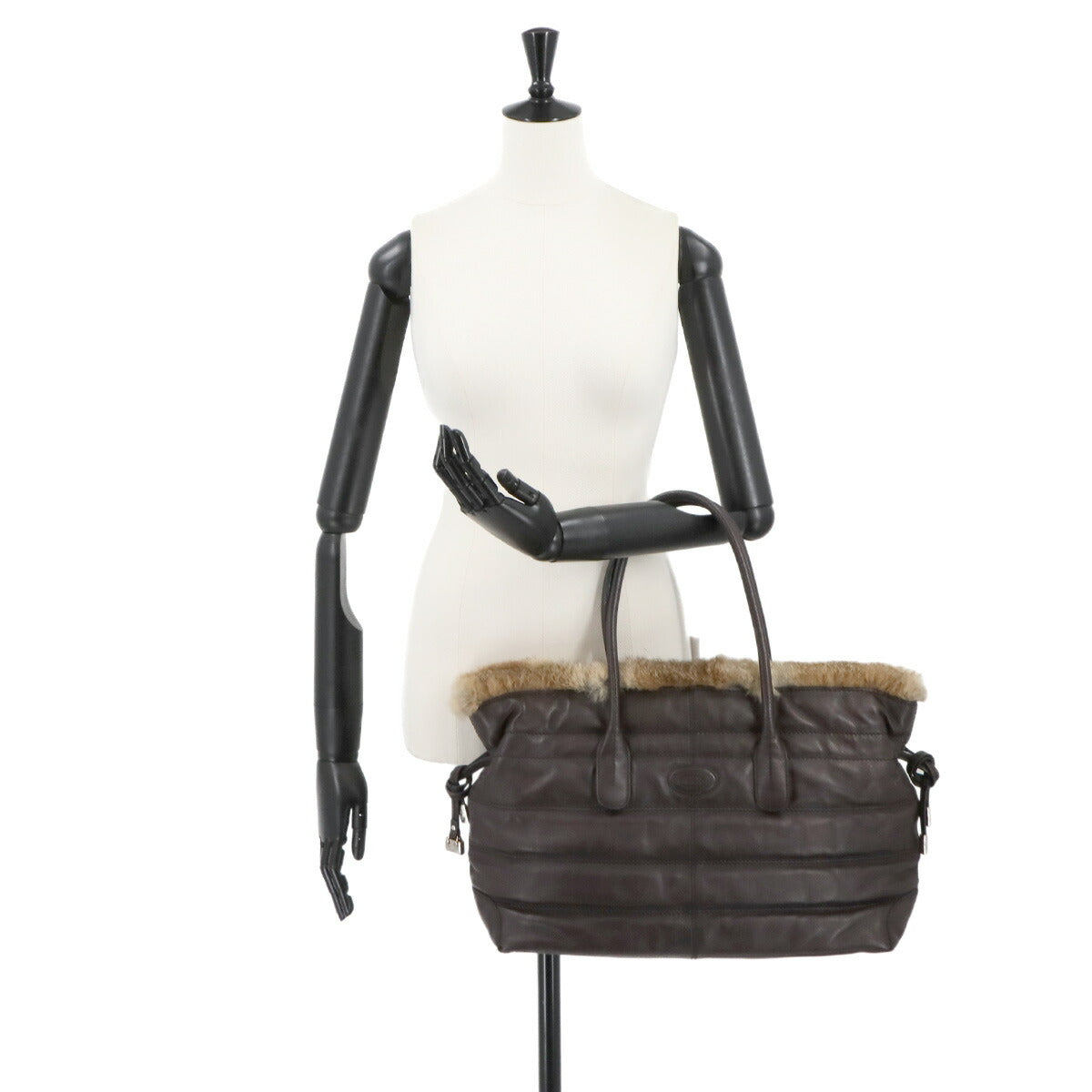 Fur Tote Bag Leather Brown Purse