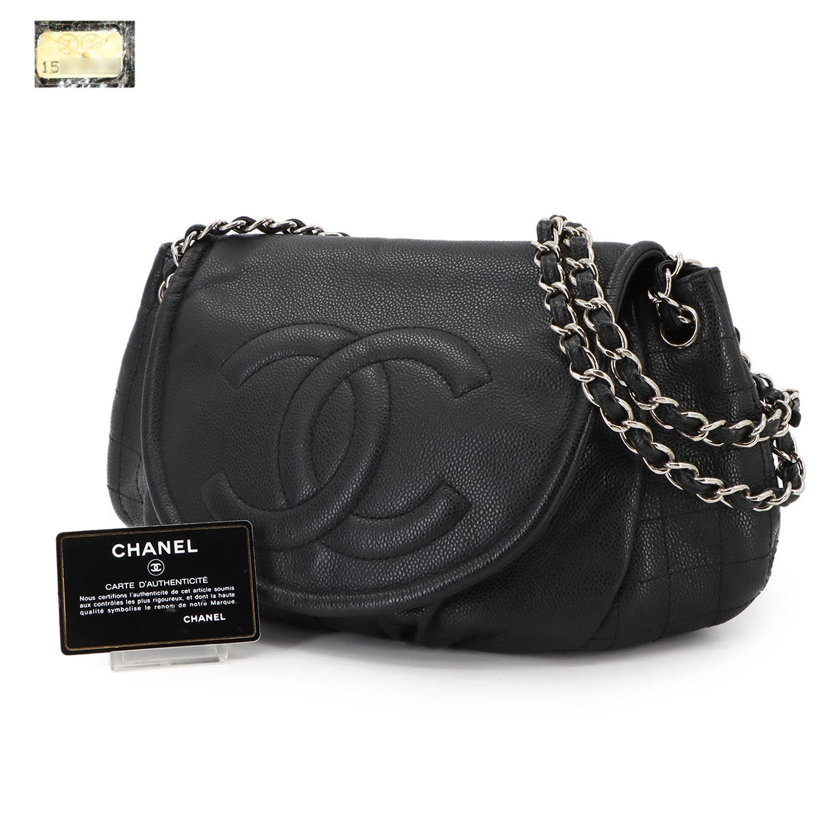 Half Moon Chain Shoulder Bag Leather Black Purse
