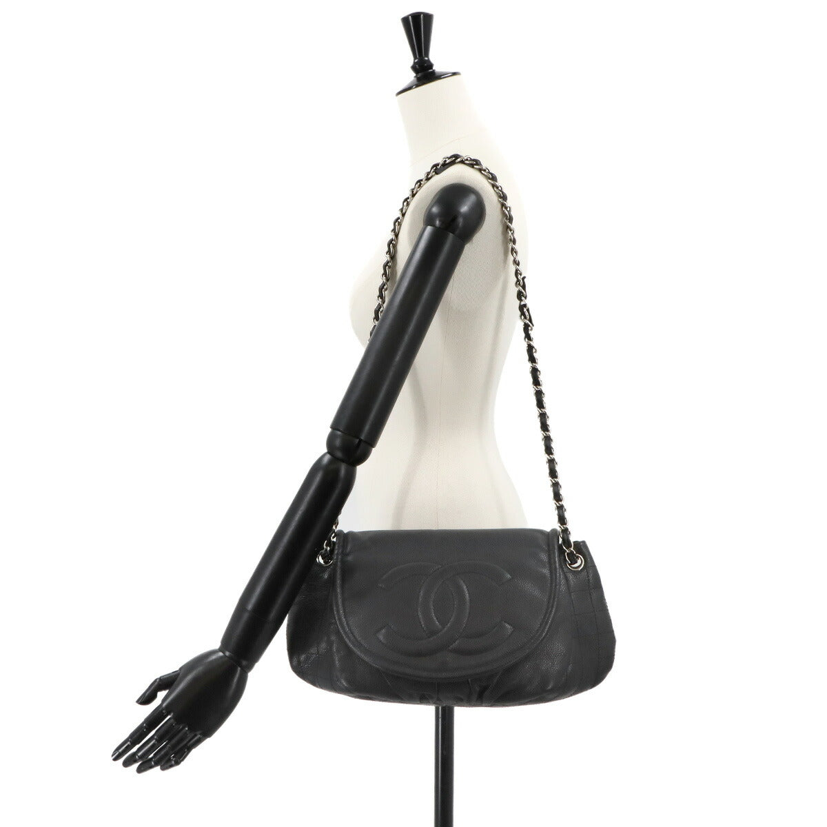 Half Moon Chain Shoulder Bag Leather Black Purse