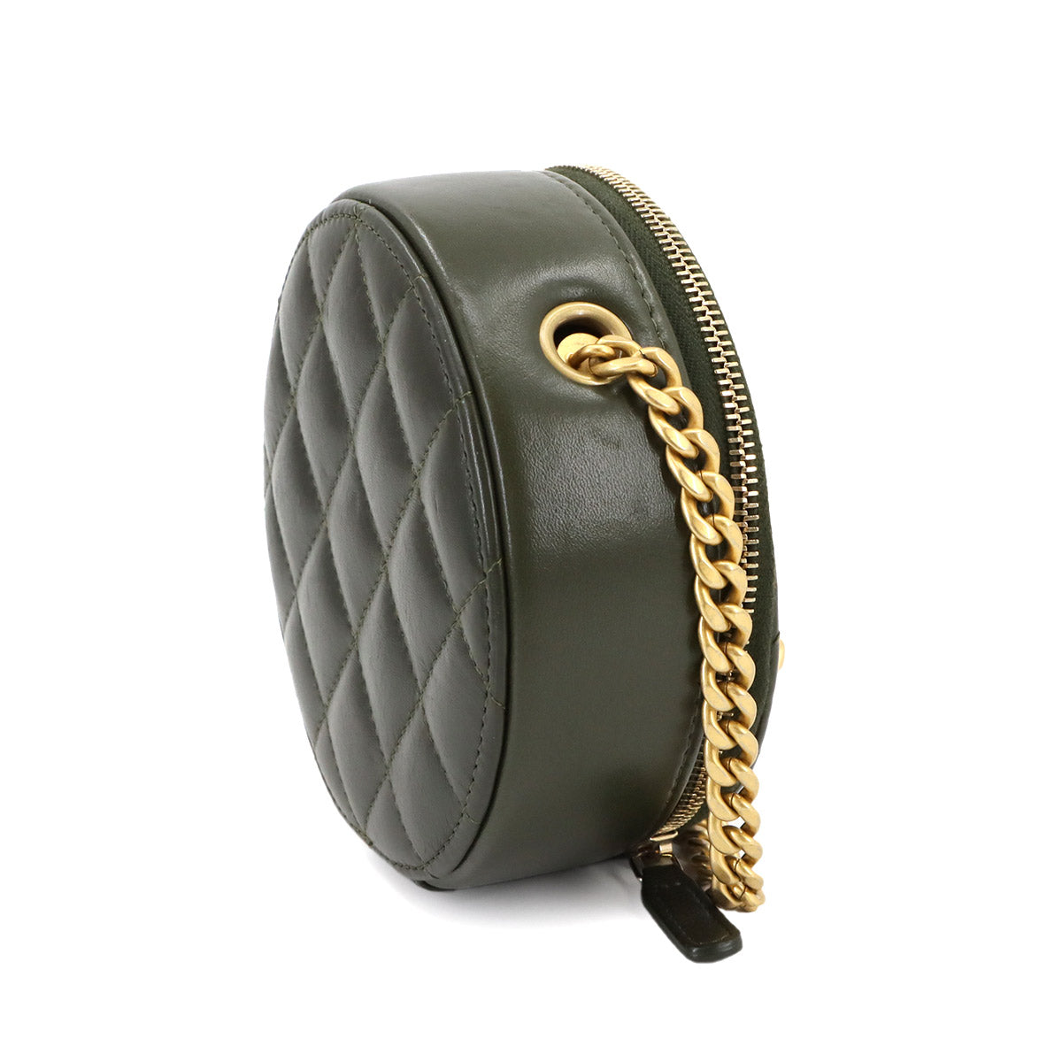 Matelasse Round Chain Shoulder Bag Leather Green Purse