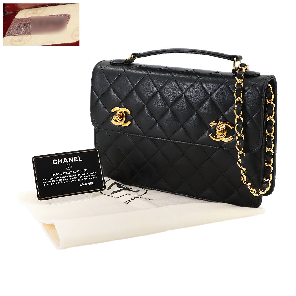 Double Lock Matelasse Hand Chain Shoulder Bag Leather Black