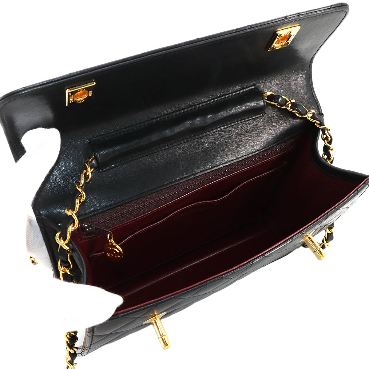 Double Lock Matelasse Hand Chain Shoulder Bag Leather Black