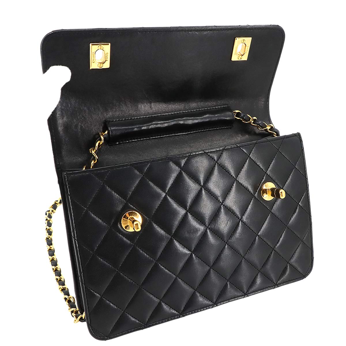 Double Lock Matelasse Hand Chain Shoulder Bag Leather Black