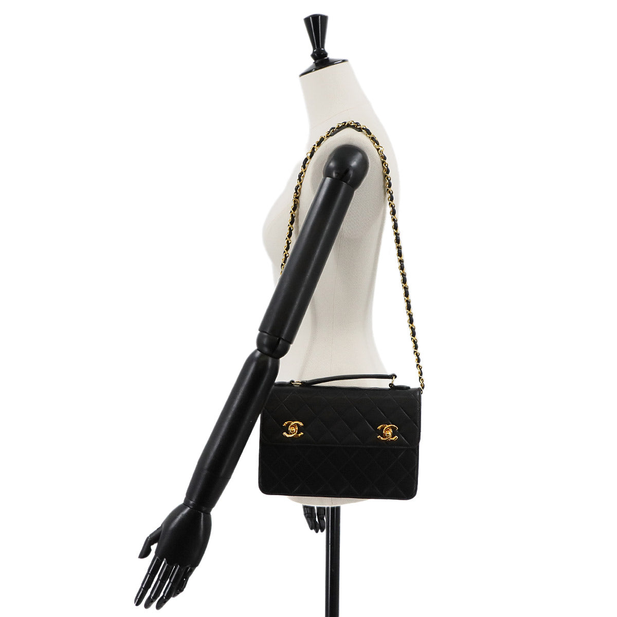 Double Lock Matelasse Hand Chain Shoulder Bag Leather Black