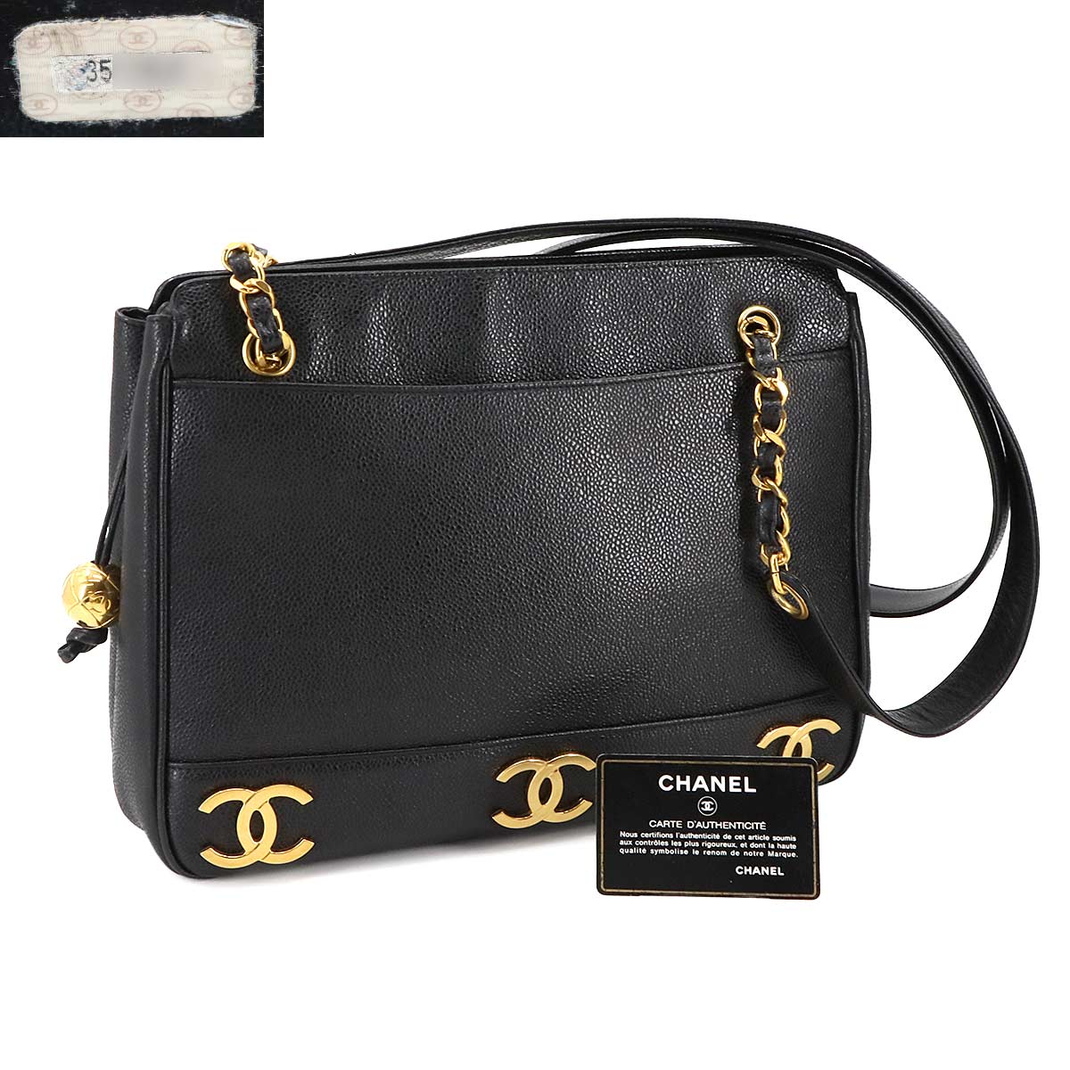 Triple Coco Tote Bag Leather Black Vintage A03675