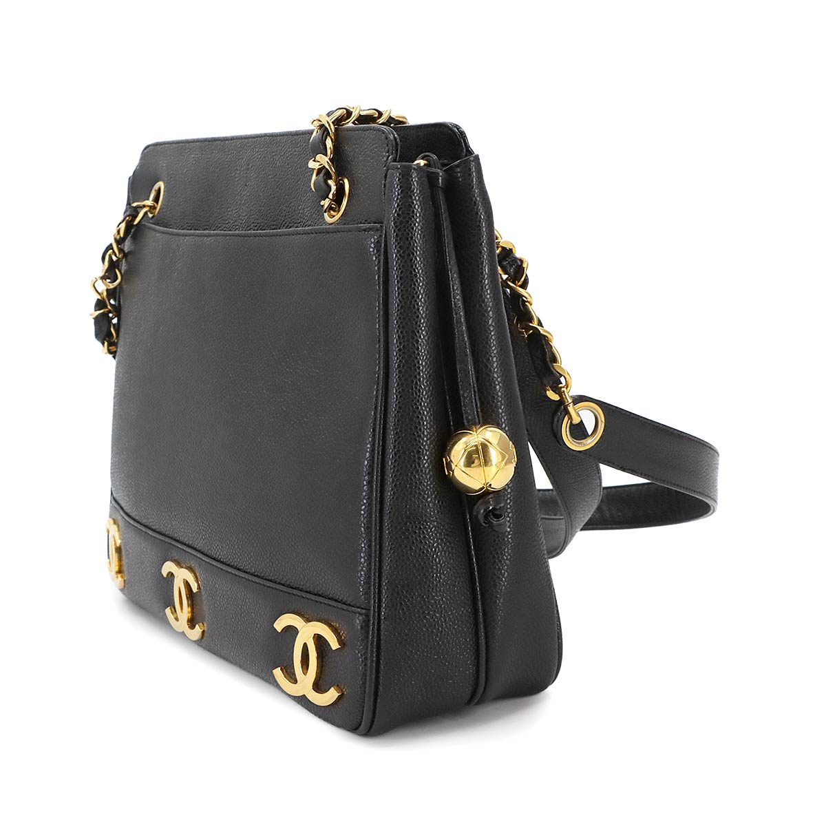 Triple Coco Tote Bag Leather Black Vintage A03675