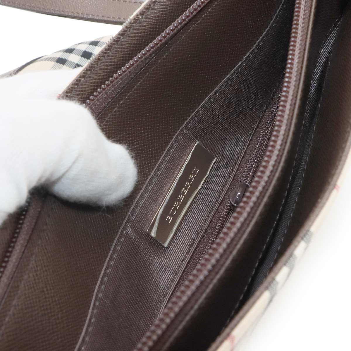 Plaid Tote Bag Canvas Leather Beige Brown Purse