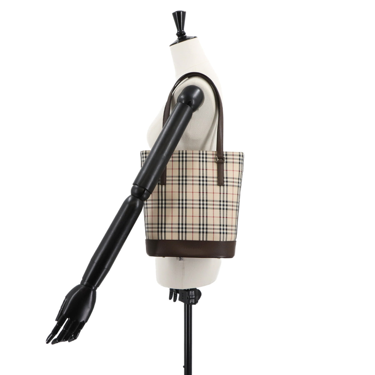 Plaid Tote Bag Canvas Leather Beige Brown Purse