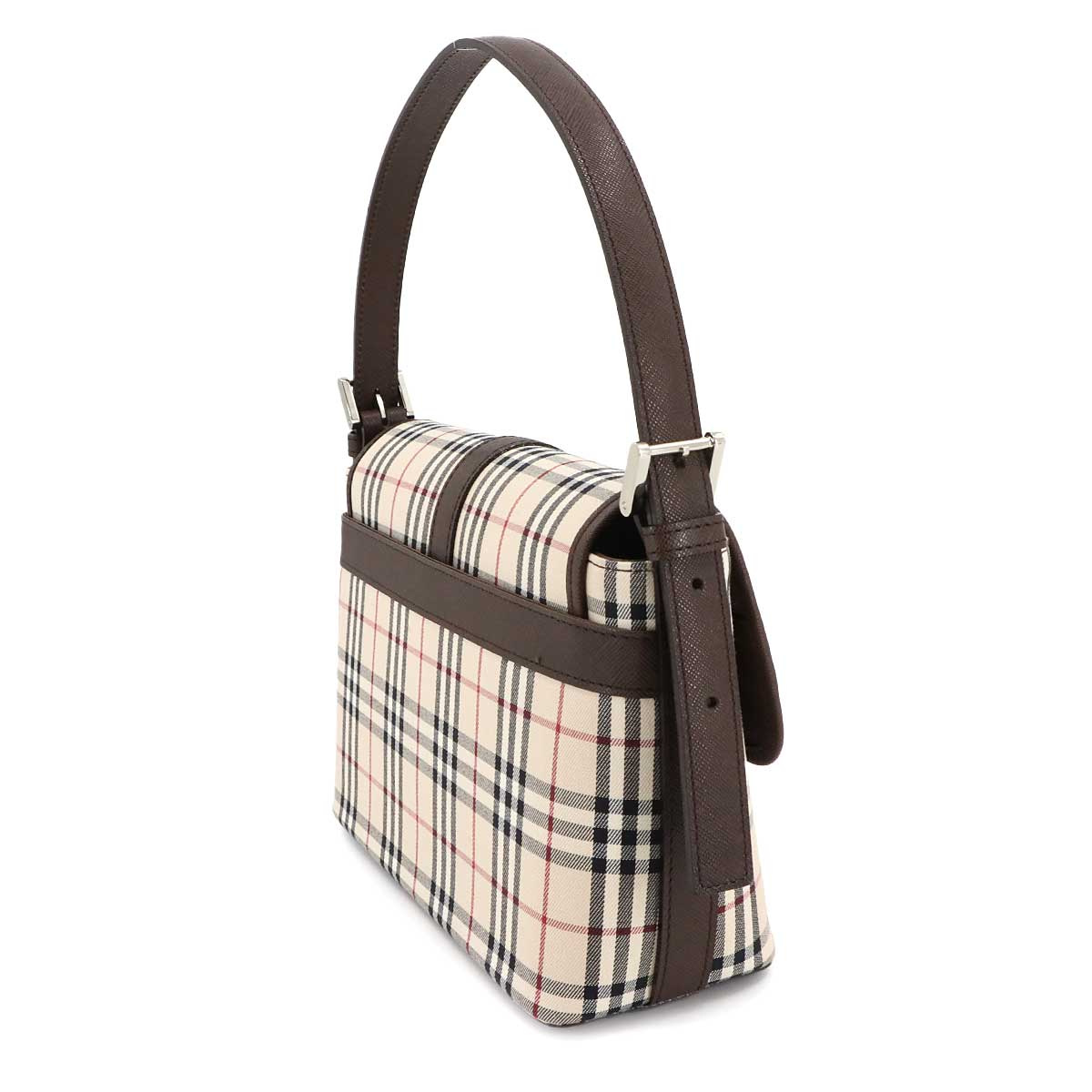 Plaid Shoulder Bag Canvas Leather Beige Brown Purse