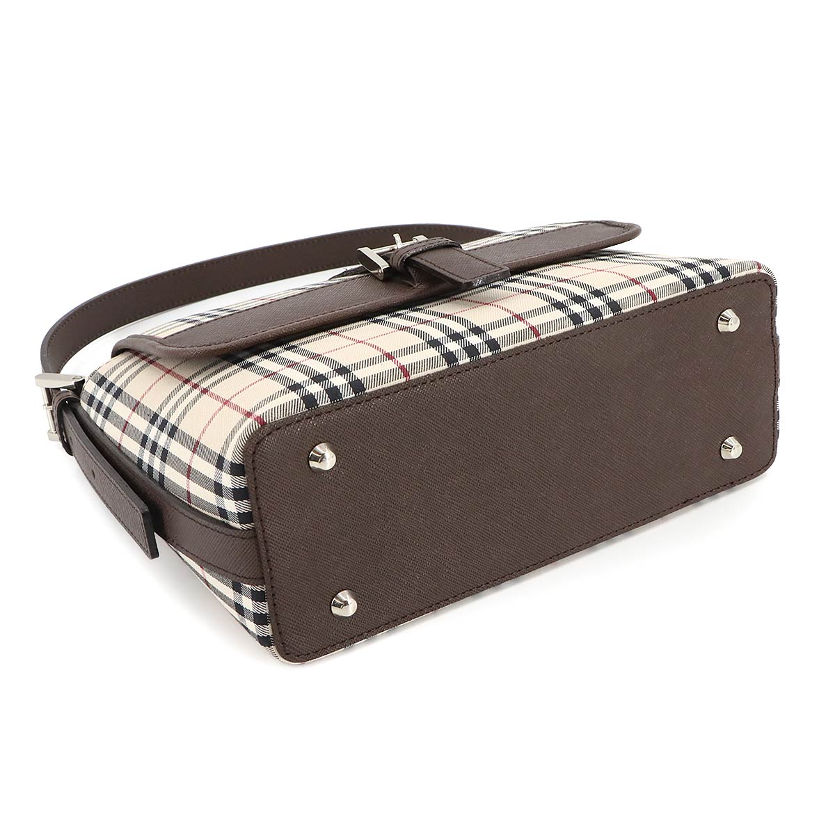 Plaid Shoulder Bag Canvas Leather Beige Brown Purse