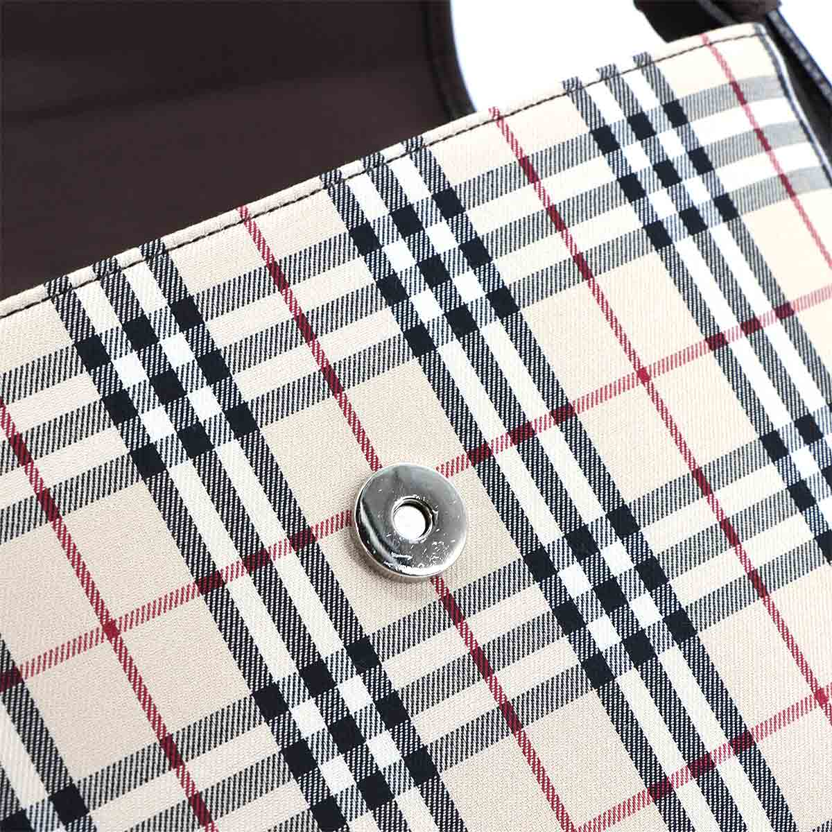 Plaid Shoulder Bag Canvas Leather Beige Brown Purse