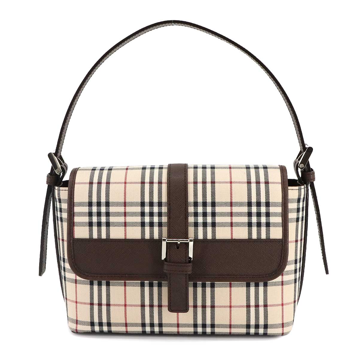 Plaid Shoulder Bag Canvas Leather Beige Brown Purse
