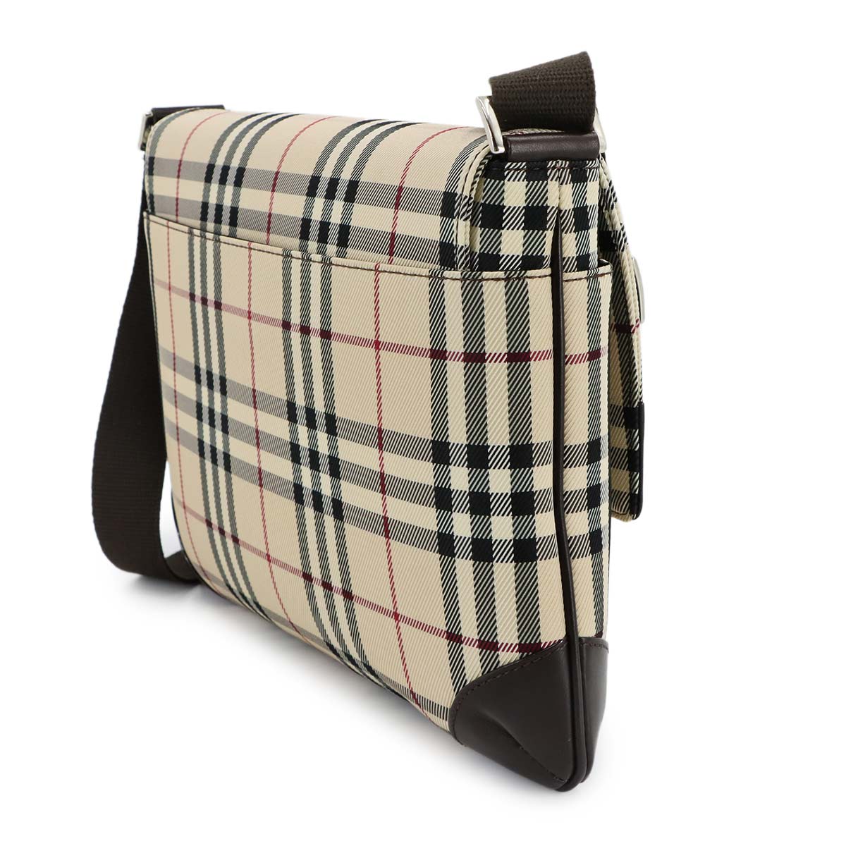 Plaid Shoulder Bag Canvas Leather Beige Brown Purse