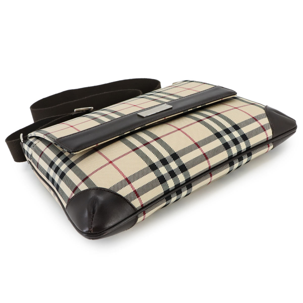 Plaid Shoulder Bag Canvas Leather Beige Brown Purse