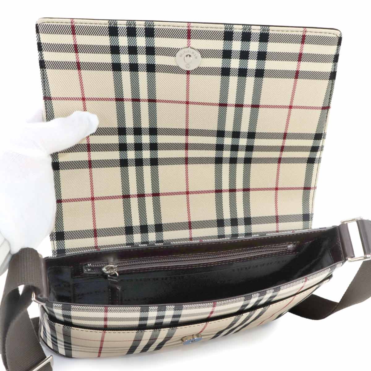 Plaid Shoulder Bag Canvas Leather Beige Brown Purse
