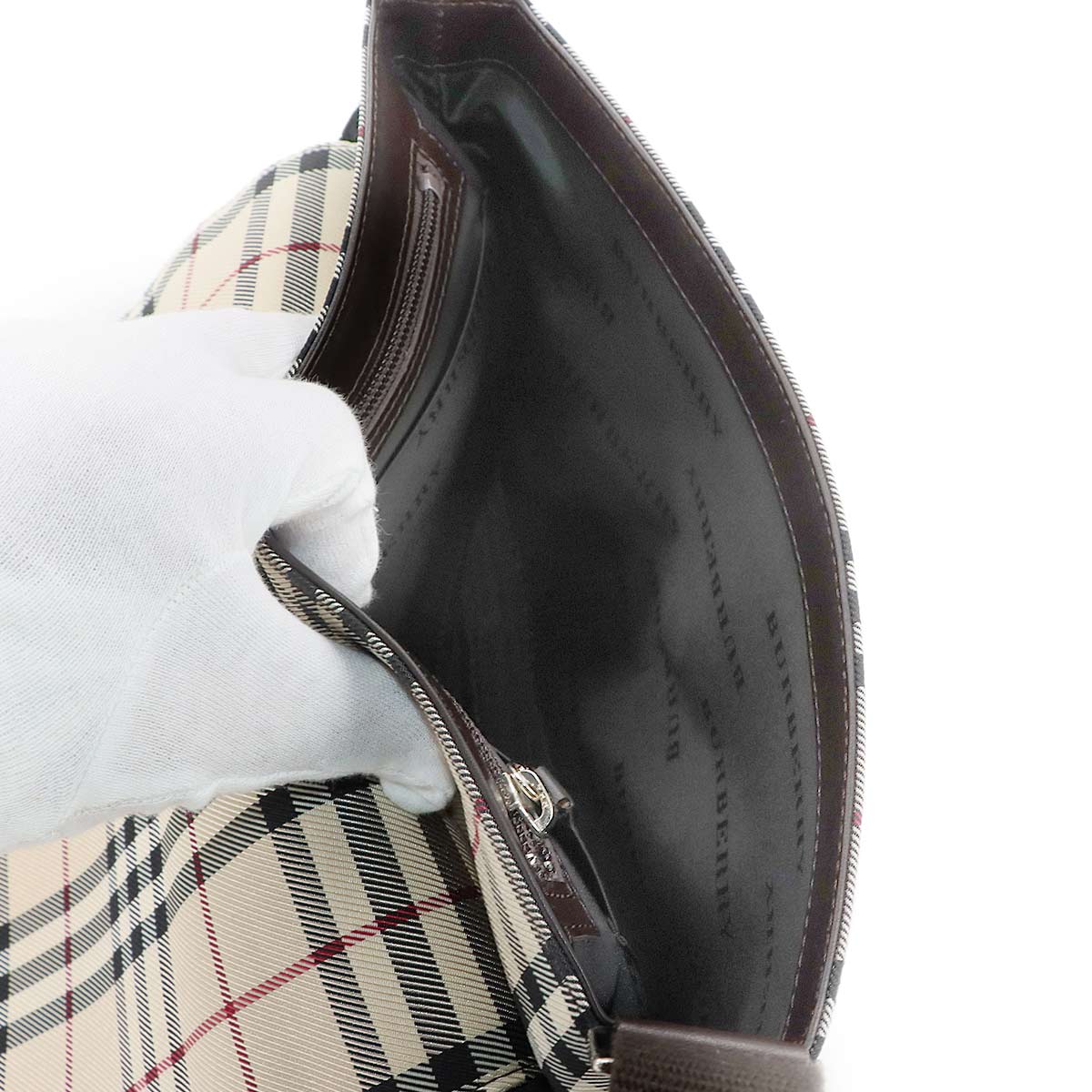 Plaid Shoulder Bag Canvas Leather Beige Brown Purse