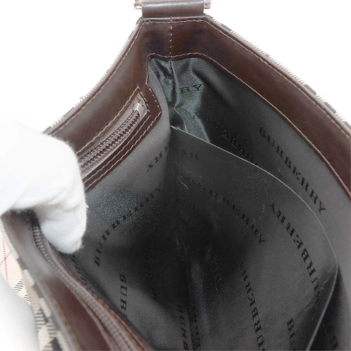 Plaid Shoulder Bag Canvas Leather Beige Brown Purse