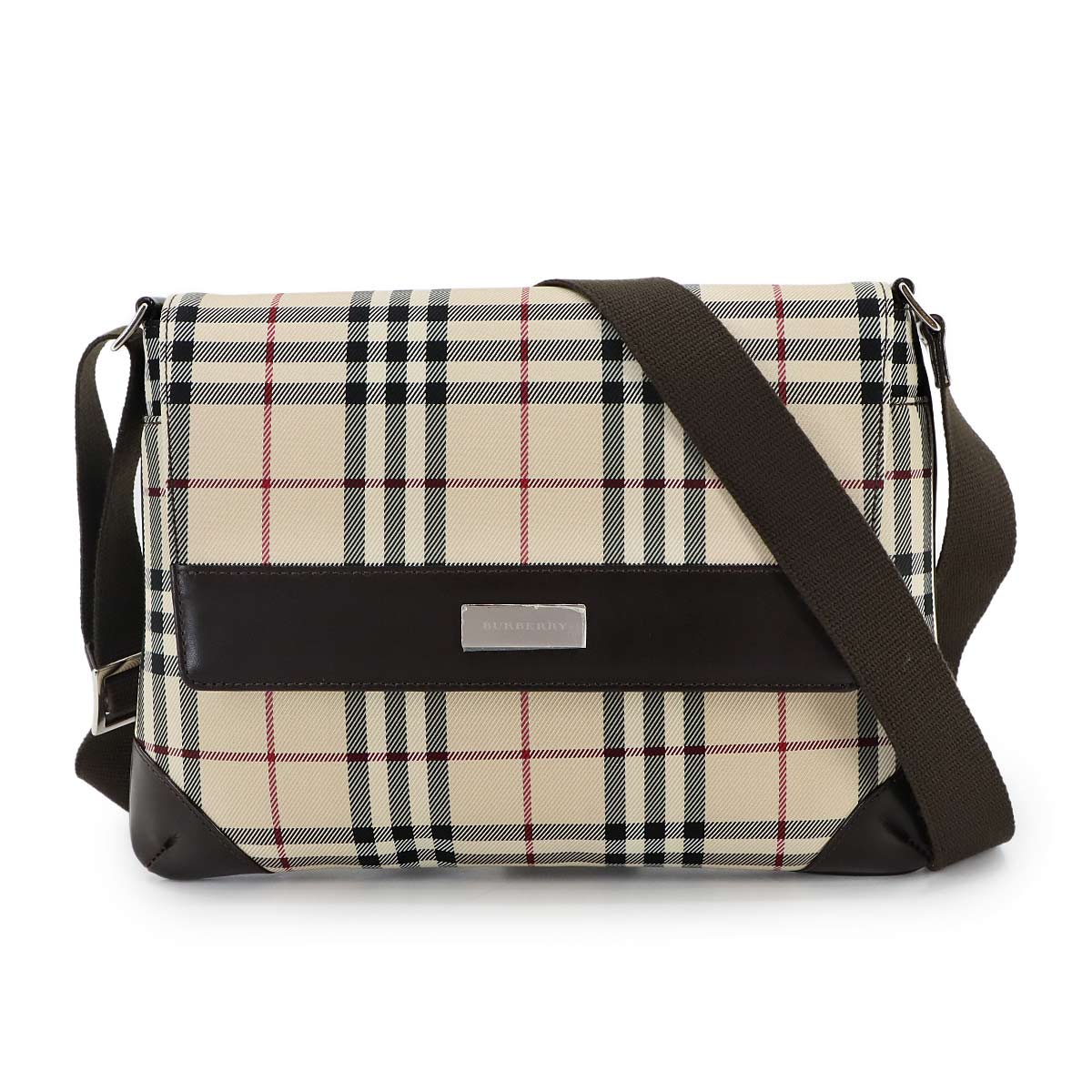 Plaid Shoulder Bag Canvas Leather Beige Brown Purse