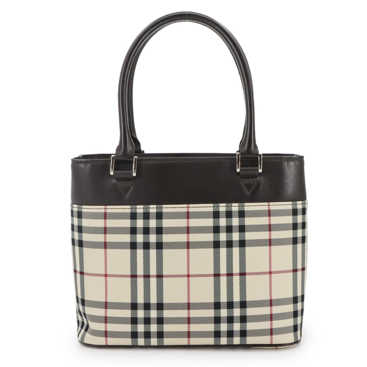 Plaid Hand Bag Canvas Leather Beige Brown Purse