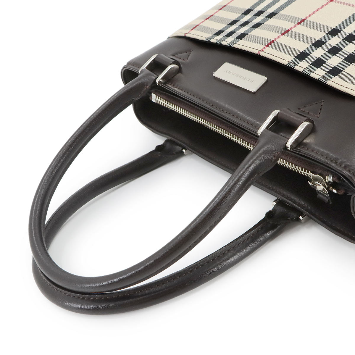 Plaid Hand Bag Canvas Leather Beige Brown Purse