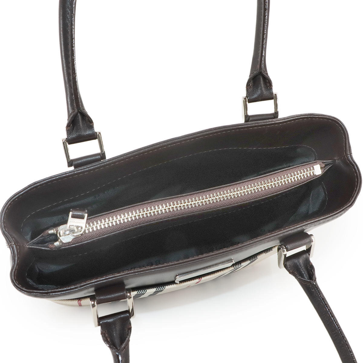 Plaid Hand Bag Canvas Leather Beige Brown Purse