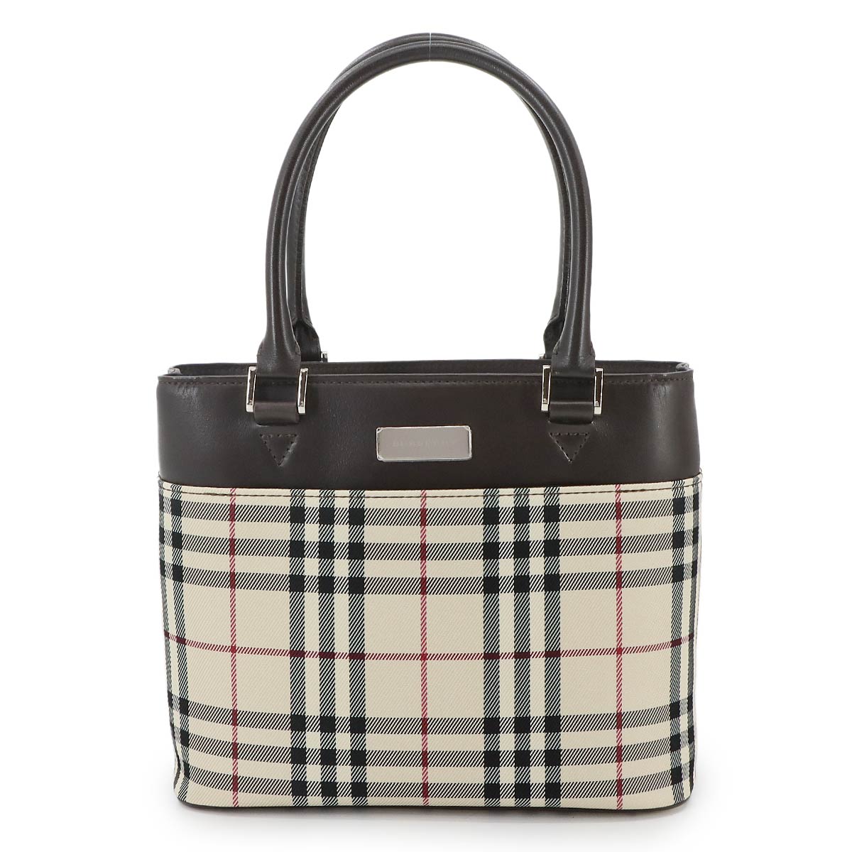 Plaid Hand Bag Canvas Leather Beige Brown Purse