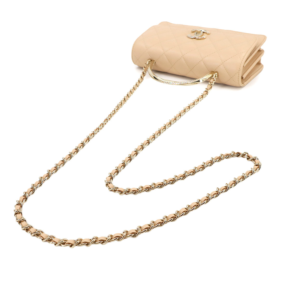 Matelasse Chain Wallet Leather Beige AP4293 Rhinestone