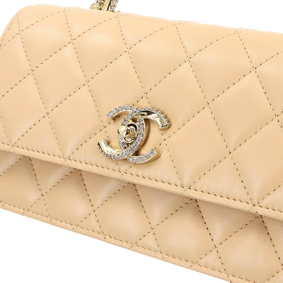 Matelasse Chain Wallet Leather Beige AP4293 Rhinestone
