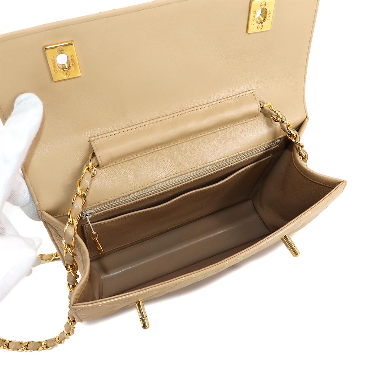 Double Lock Matelasse Hand Chain Shoulder Bag Leather Beige