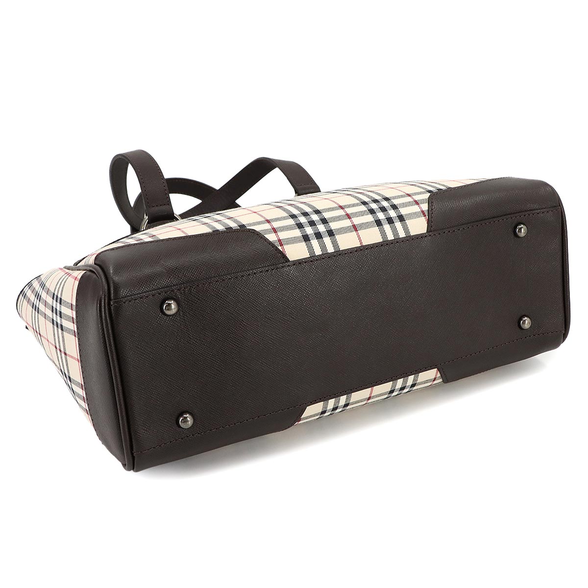 Plaid Tote Bag Canvas Leather Beige Brown Purse