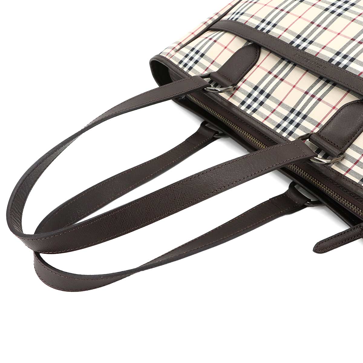 Plaid Tote Bag Canvas Leather Beige Brown Purse