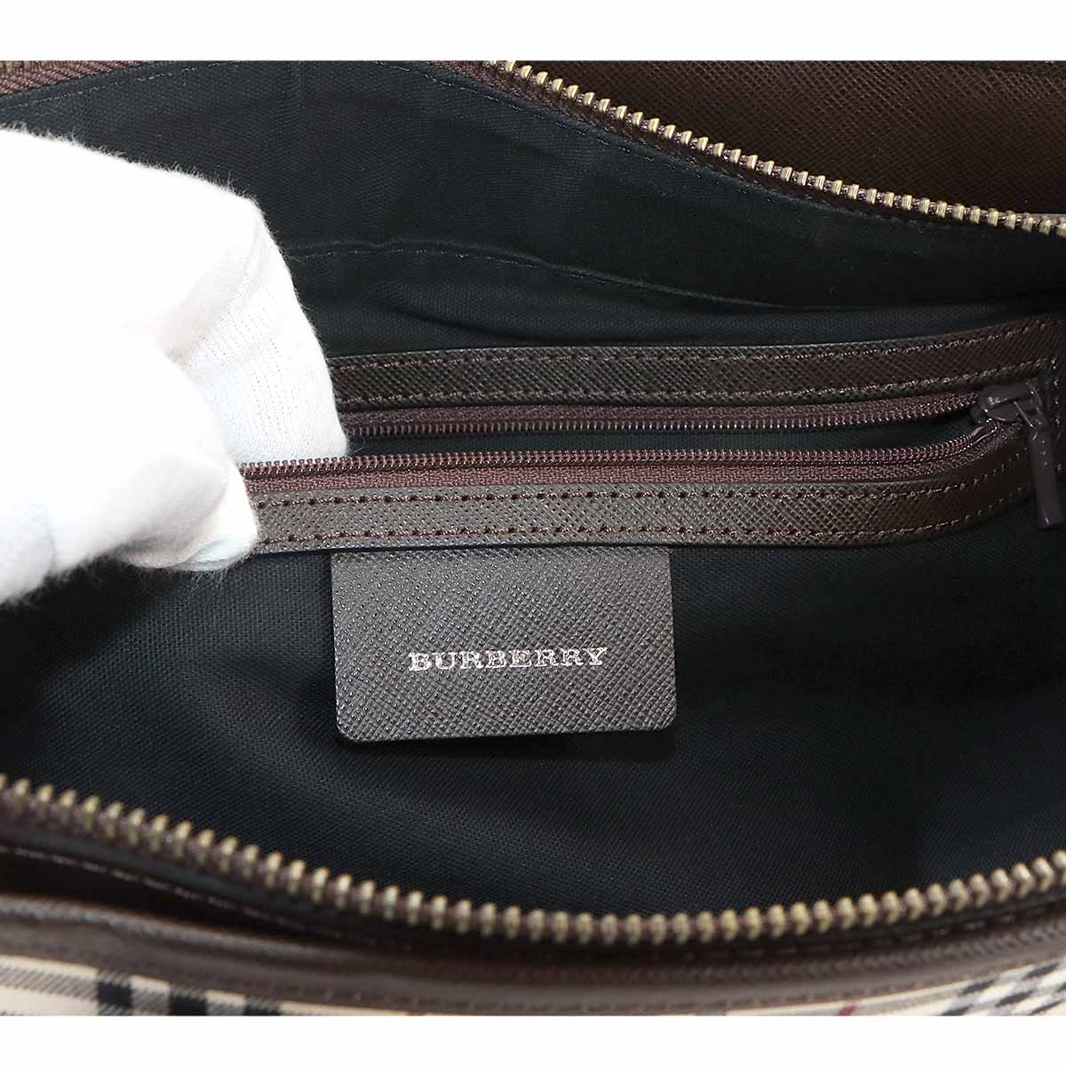 Plaid Tote Bag Canvas Leather Beige Brown Purse