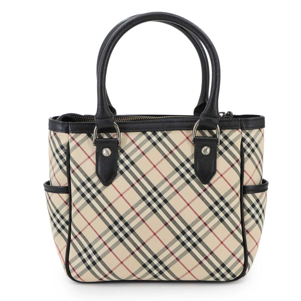 Plaid Hand Bag Canvas Leather Beige Black Purse
