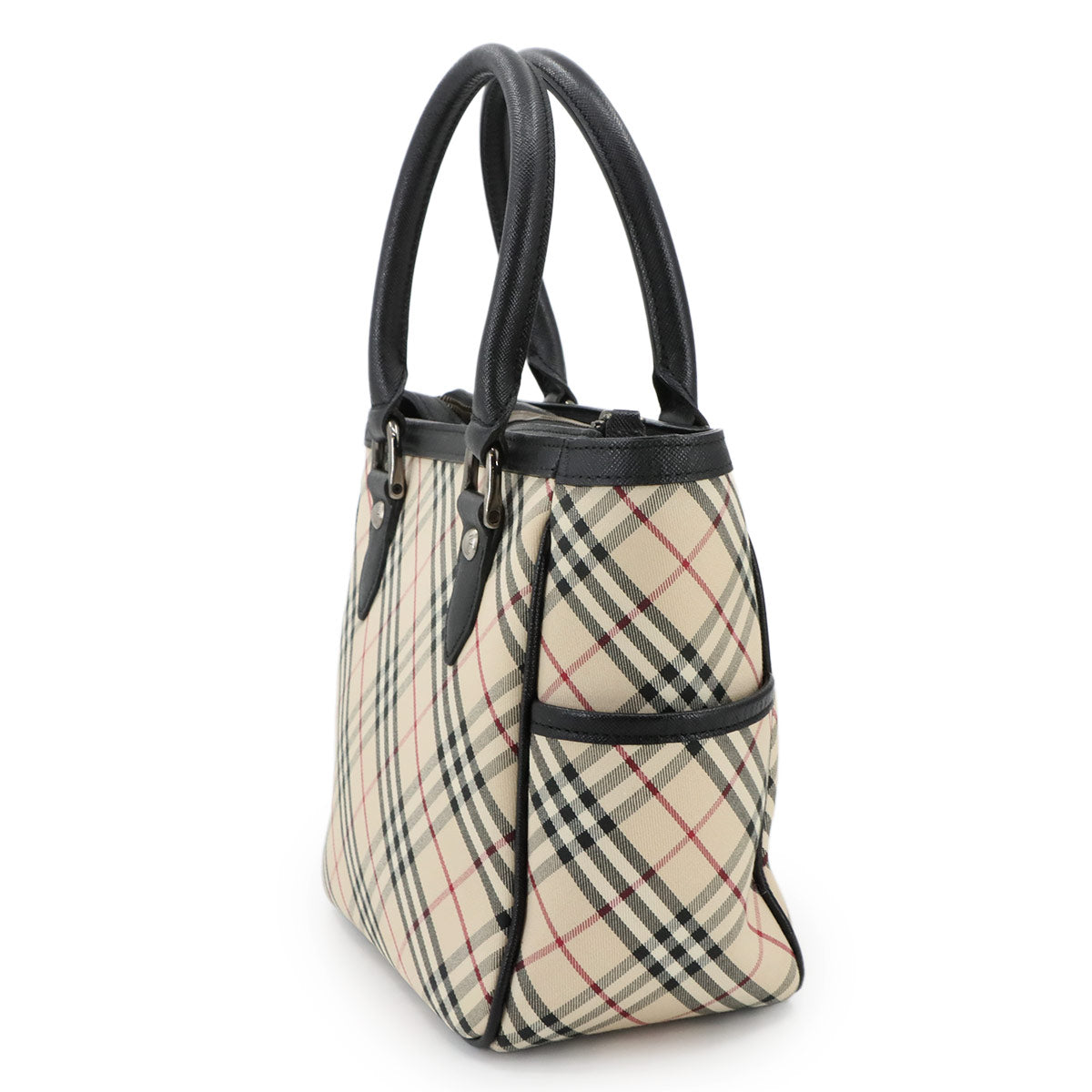 Plaid Hand Bag Canvas Leather Beige Black Purse