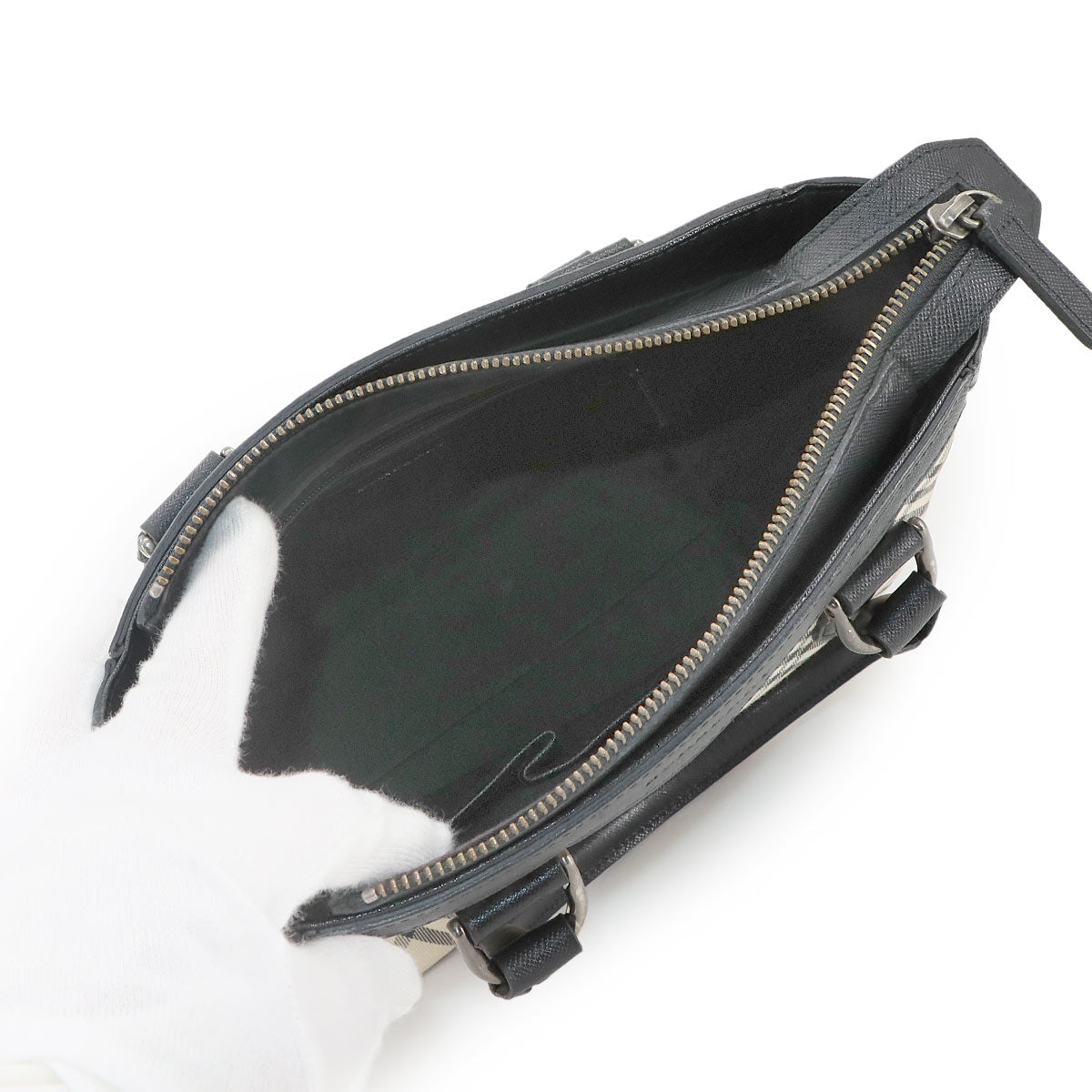 Plaid Hand Bag Canvas Leather Beige Black Purse