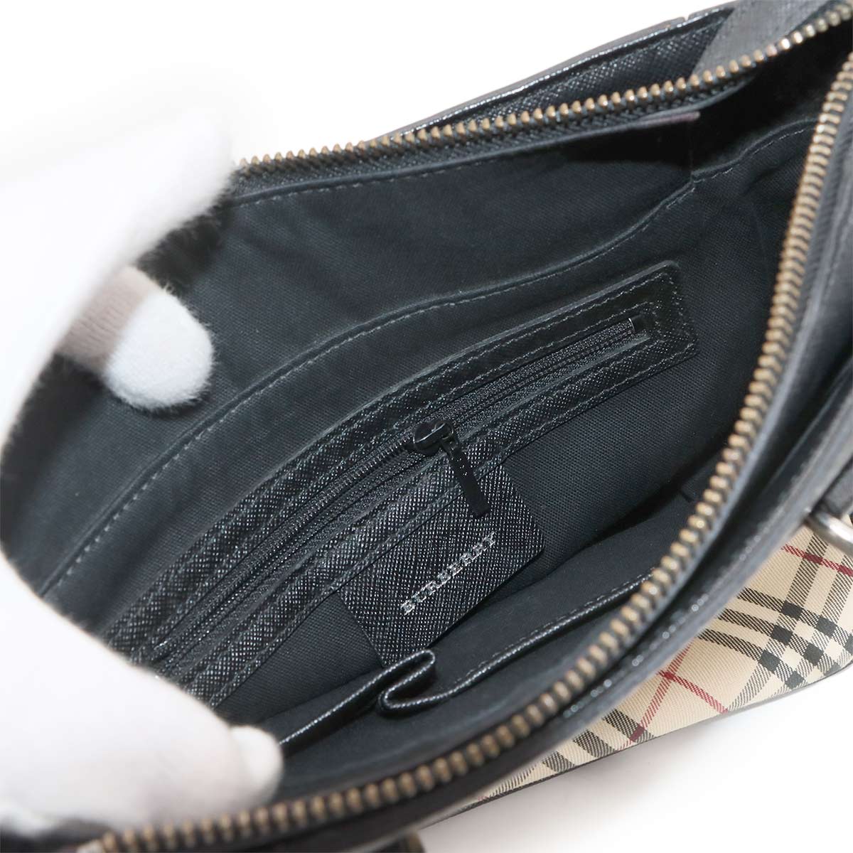 Plaid Hand Bag Canvas Leather Beige Black Purse